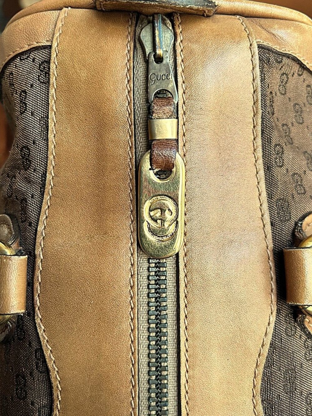 GUCCI Monogram Vintage Web Boston Bag Brown Tan Rare - Picture 9 of 15